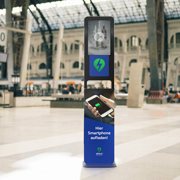 Ladesäule PILLAR SCREEN mit 22 Zoll Bildschirm und Handy-Ladekabel