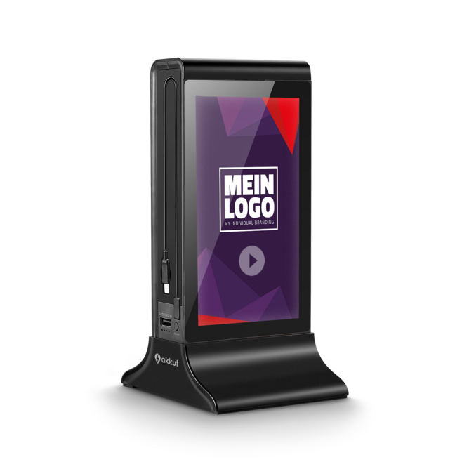 Digitaler Tischaufsteller DOUBLESCREEN mit Akku und Handy-Ladekabel