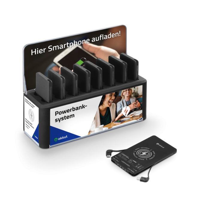 Powerbank-Station FLEXIBLE BANK 8 Qi mit Handy-Ladekabel und Wireless Charging