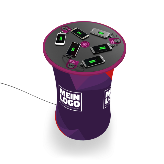 Mobiler Stehtisch CHAT EXPO mit Handy-Ladekabel und Wireless Charging im Wunschdesign