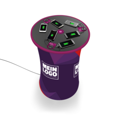 Mobiler Stehtisch CHAT EXPO mit Handy-Ladekabel und Wireless Charging im Wunschdesign